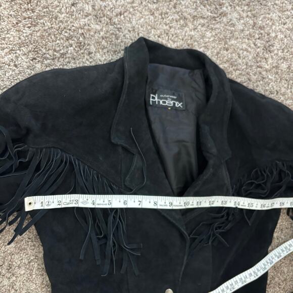 VTG Outerwear by Phoenix 80s Black Suede Fringe Leather Cropped Jacket Western M - Picture 13 of 15